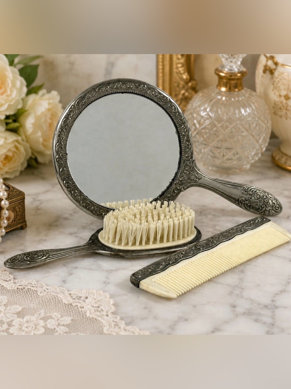 Vintage Ornate Silver Tone Vanity Set Mirror Brush Comb Floral Repoussé